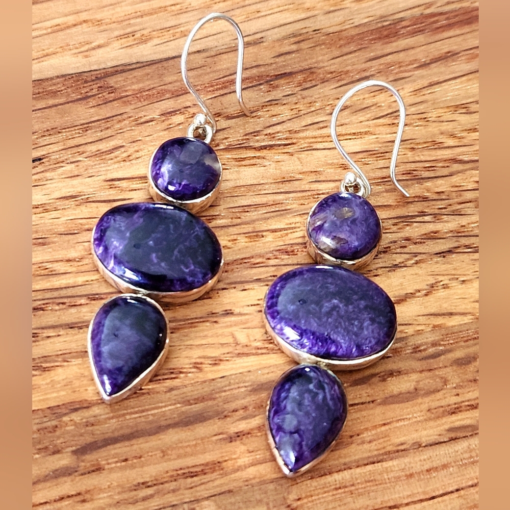 JTV Bali Designer ARYA 925 Sterling Silver Purple Charoite Dangle Earrings!